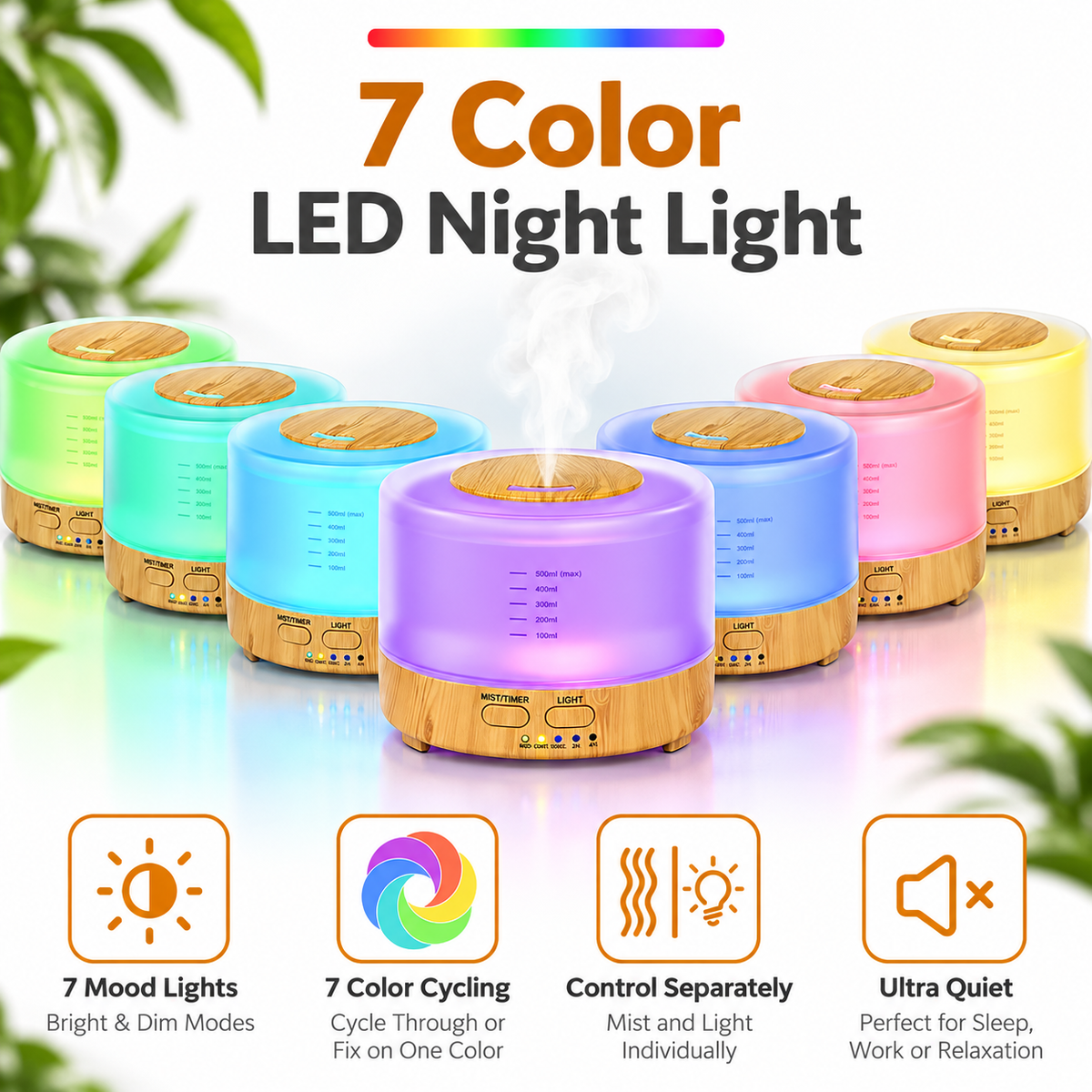 Ultrasonic Aroma Diffuser & Air Humidifier 7LED 500ml Light Wood