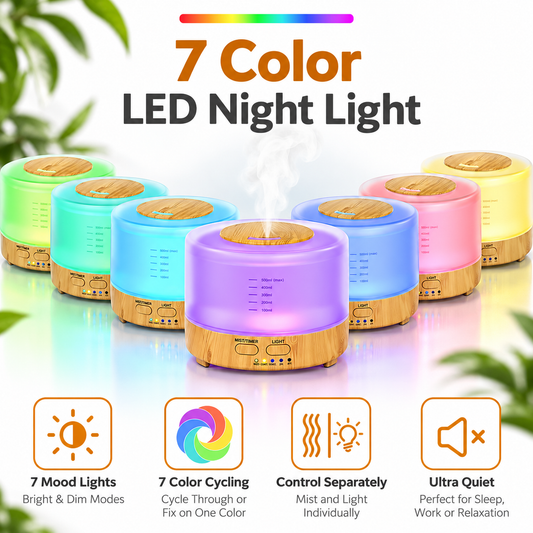 Ultrasonic Aroma Diffuser & Air Humidifier 7LED 500ml Light Wood