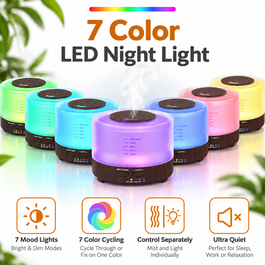 Ultrasonic Aroma Diffuser & Air Humidifier 7LED 500ml Dark Wood