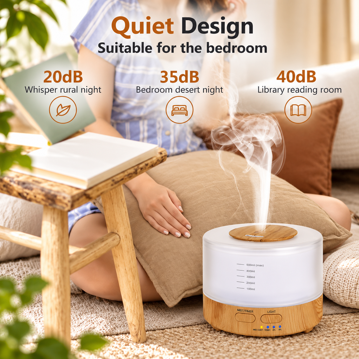 Ultrasonic Aroma Diffuser & Air Humidifier 7LED 500ml Light Wood