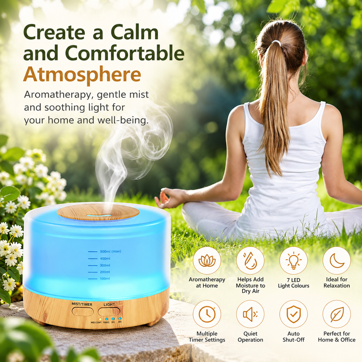 Ultrasonic Aroma Diffuser & Air Humidifier 7LED 500ml Light Wood