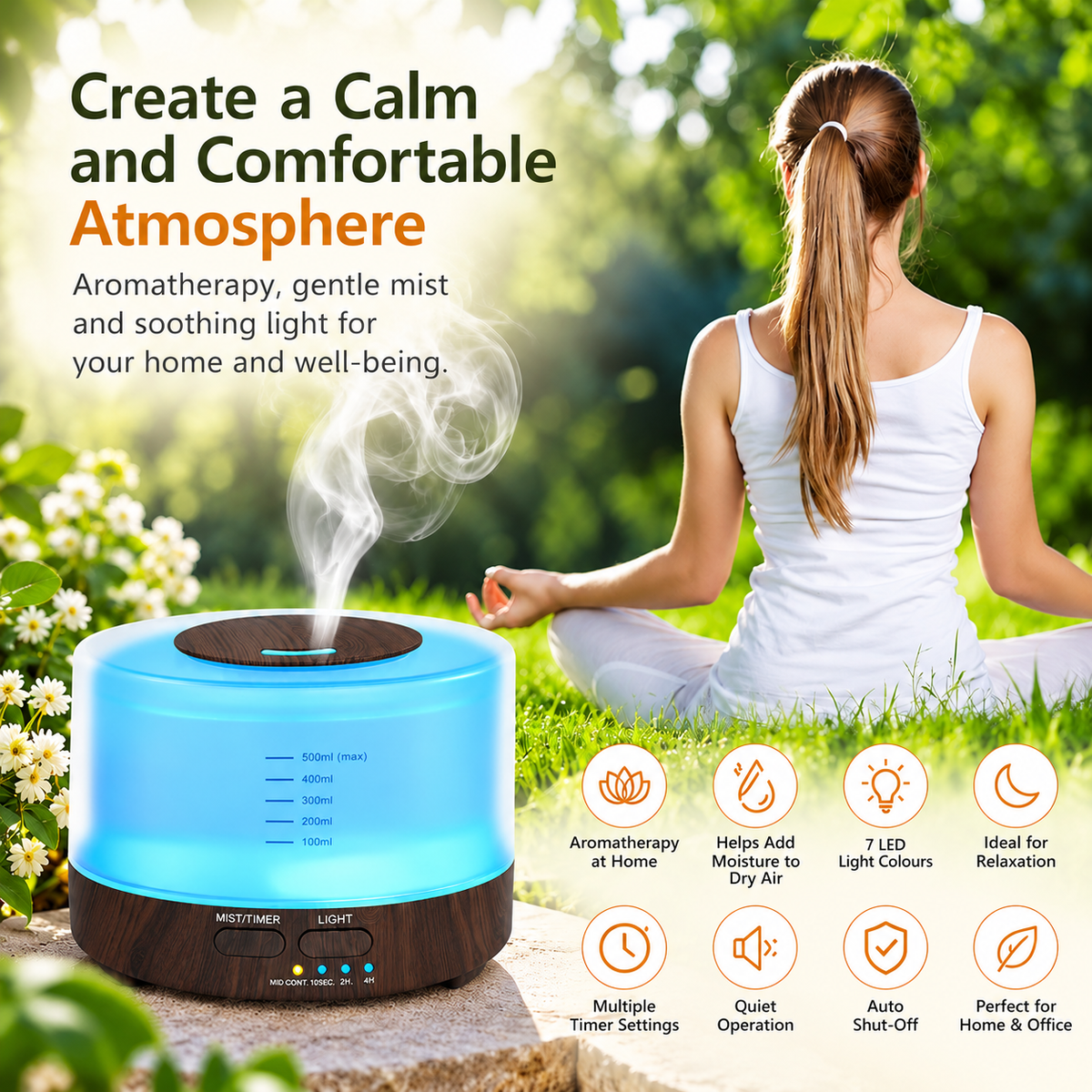 Ultrasonic Aroma Diffuser & Air Humidifier 7LED 500ml Dark Wood